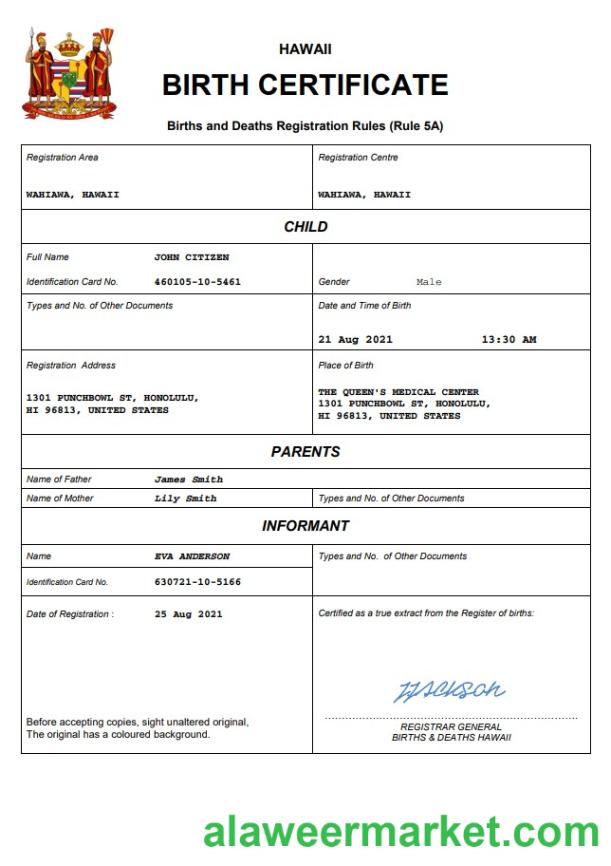 Hawaii birth certificate Word and PDF template